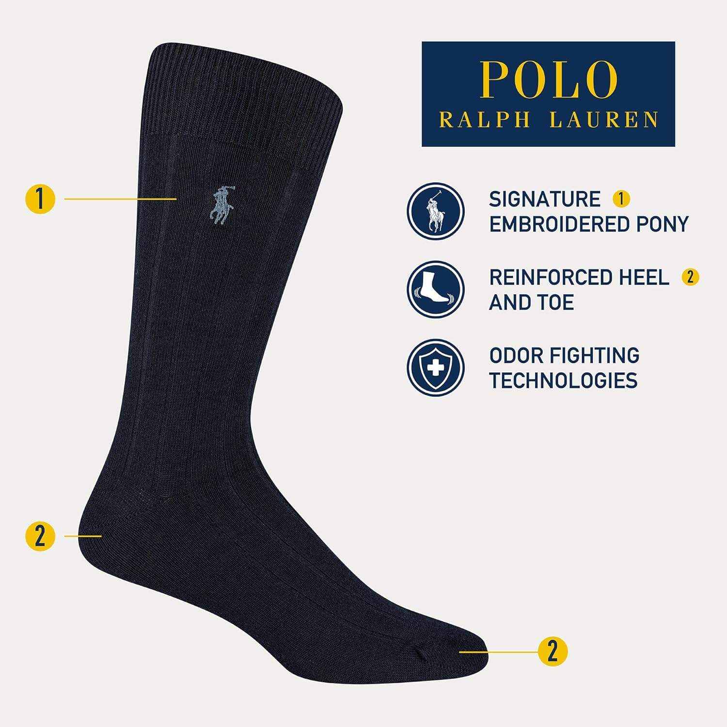 Polo Ralph Lauren Men's Cotton Ribbed Dress Crew Socks -3 Pair Pack-Soft and Lightweight Cotton Comfort