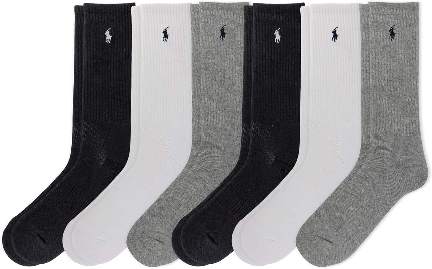 POLO RALPH LAUREN Men's Athletic Performance Cotton Crew Socks - 6 Pair Pack - Moisture Wicking Mesh