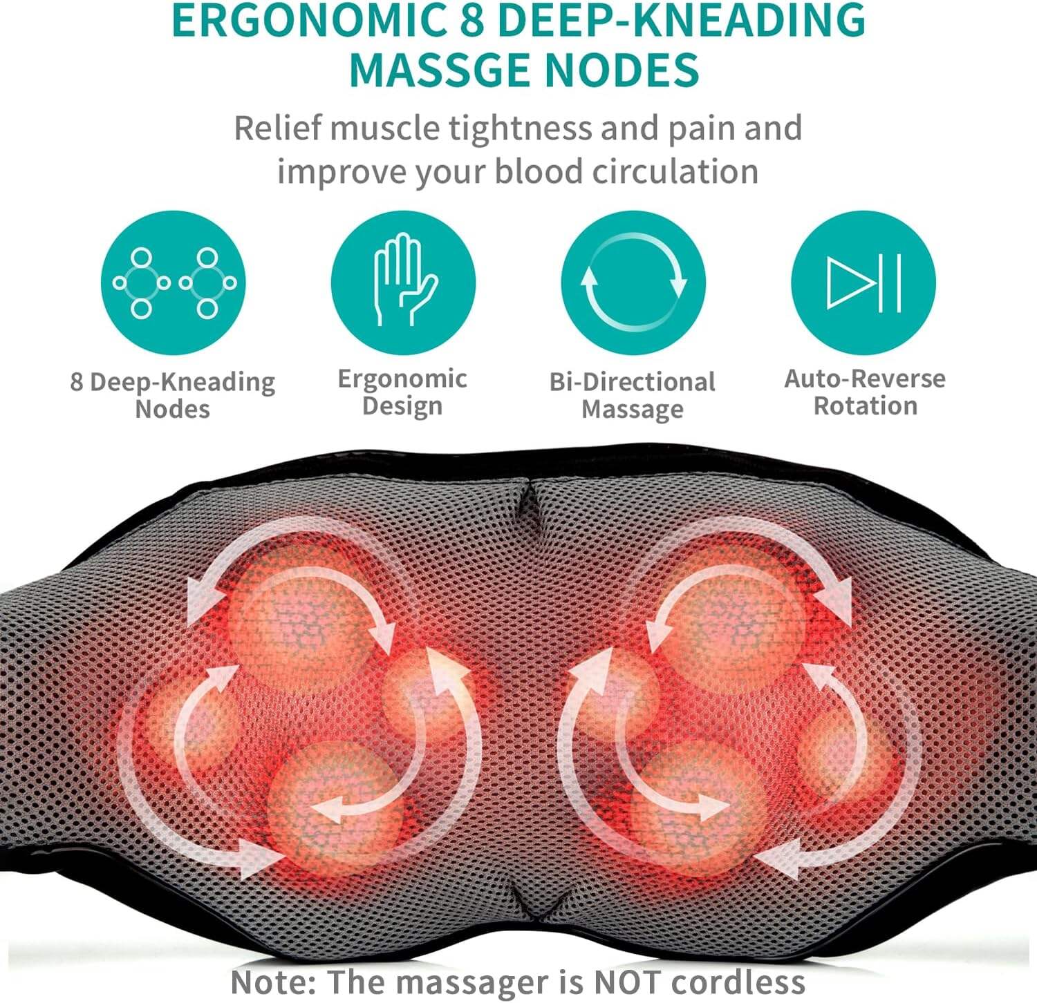 Shiatsu Neck and Back Massager with Soothing Heat, Electric Deep Tissue 3D Kneading Massage for Shoulder, Leg, Body Muscle Pain Relief, Home, Office, and Car