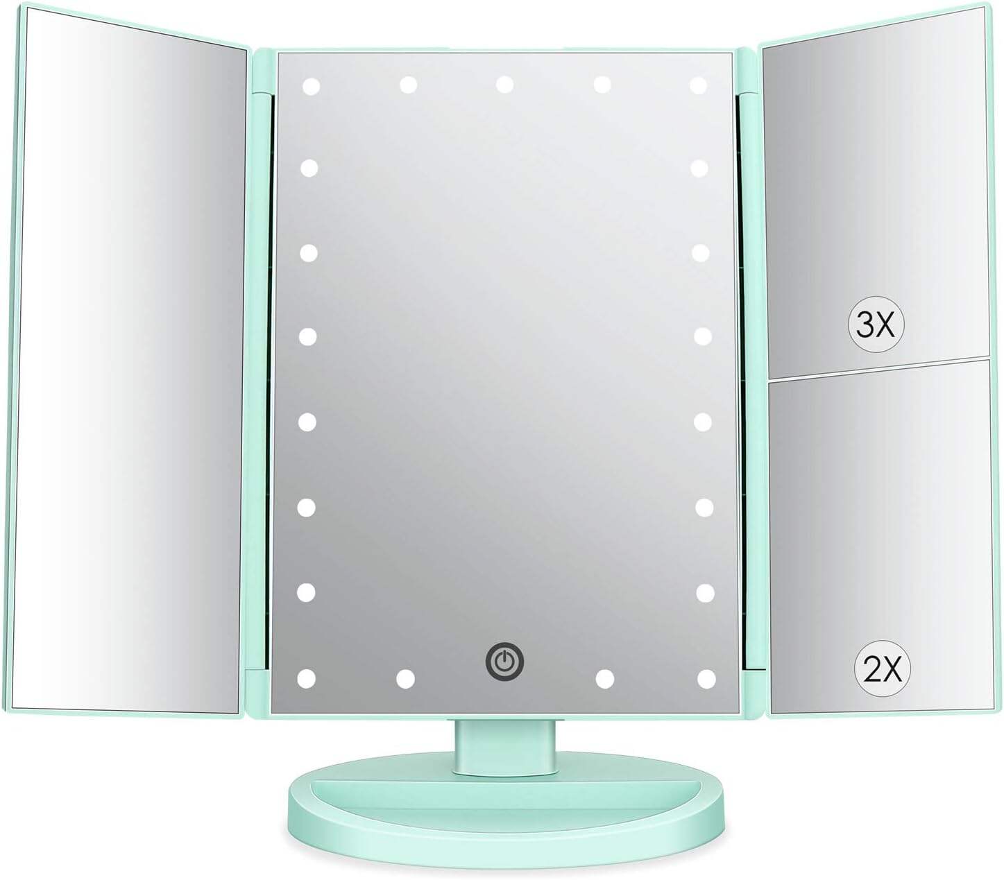 deweisn Tabletop Mount Trifold Lighted Vanity Mirror with 21 LED Lights, Touch Screen and 3X/2X/1X Magnification, Two Power Supply Mode Make up Mirror,Travel Mirror