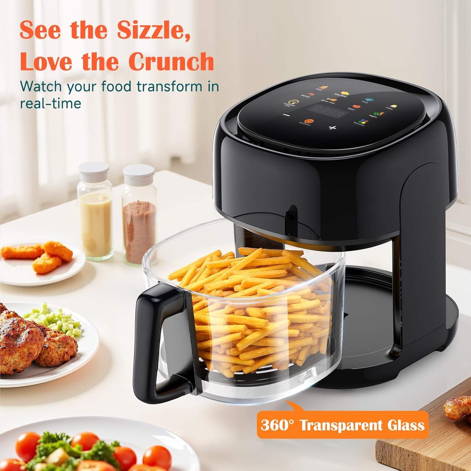 8-In-1 Glass Air Fryer, 5 QT Airfryer with Easy-View Glass Basket, Adjustable Temperature, Touch Panel Control, Circulating Heating, Compact and Large, Nonstick & Dishwasher Safe Fry Bowl