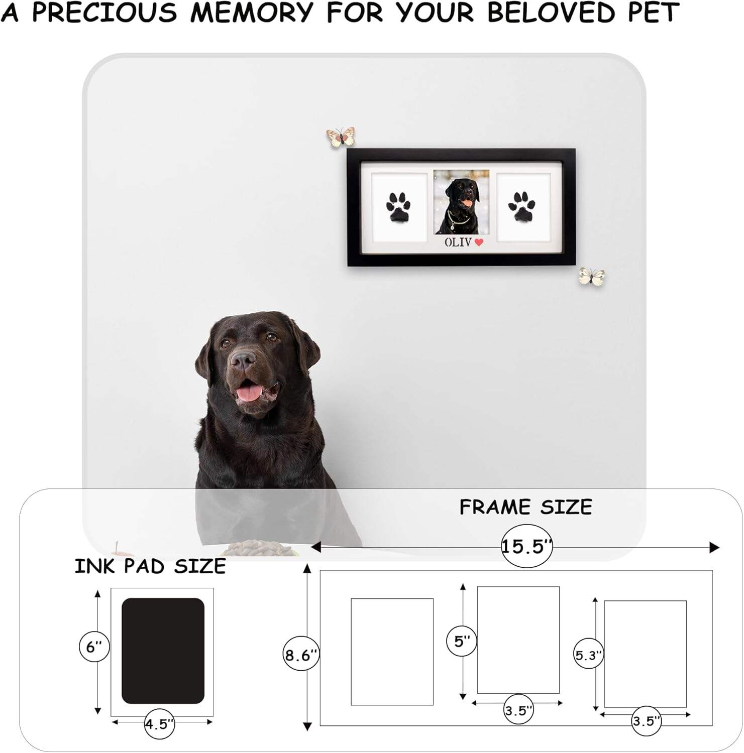 MYPAWLETS Paw Print Frame & Ink Pads Kit,Dog or Cat Paw Print Kit,2 No Mess Ink Pads for Pets,Paw Print Stamp Pad for Dogs,Wooden Pet Memorial Frame,Personalized Pet Paw Print Gifts