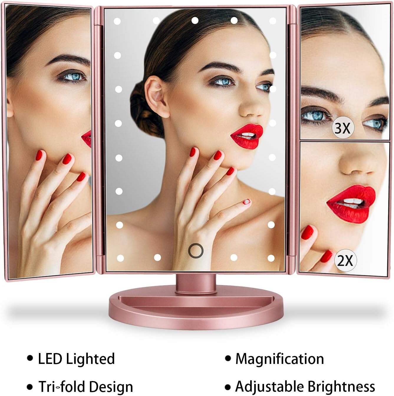 deweisn Tabletop Mount Trifold Lighted Vanity Mirror with 21 LED Lights, Touch Screen and 3X/2X/1X Magnification, Two Power Supply Mode Make up Mirror,Travel Mirror