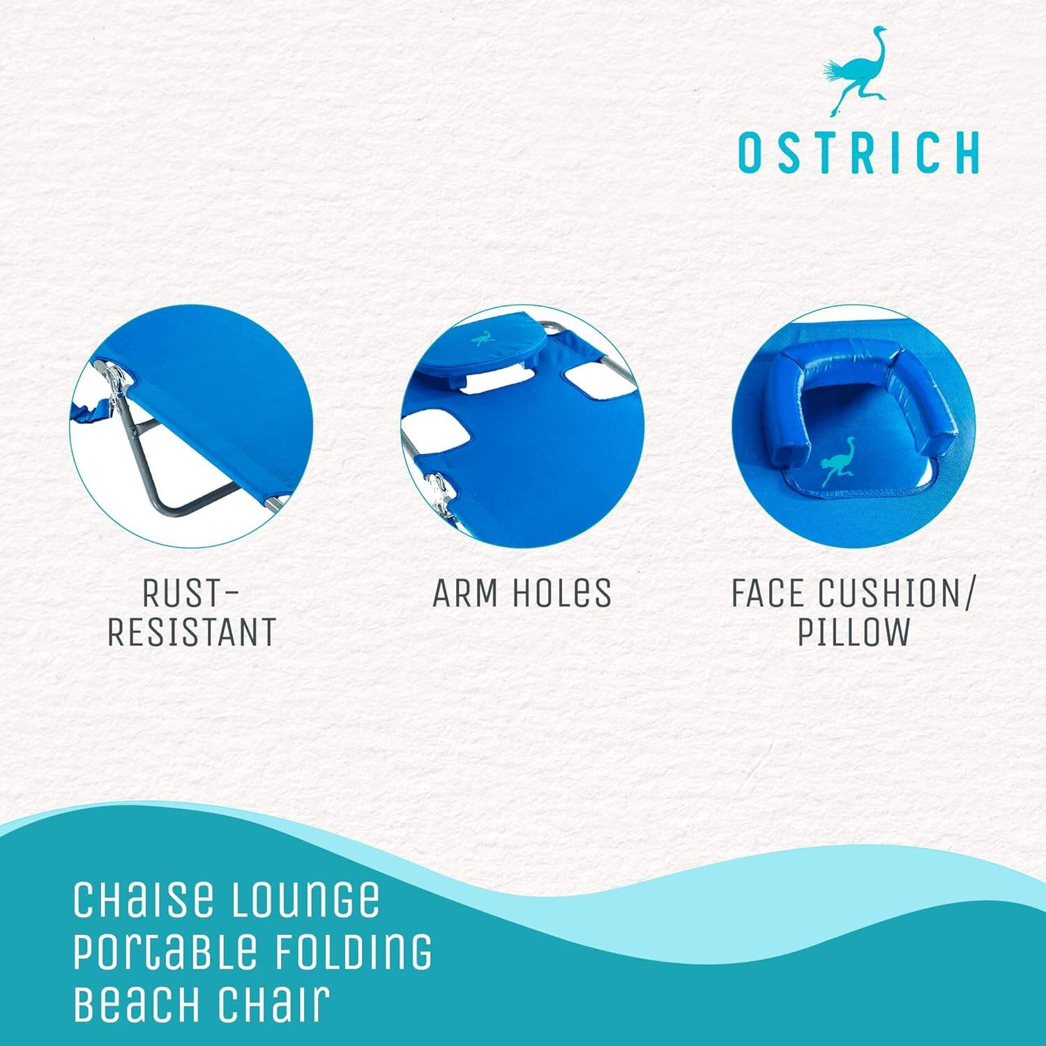 Ostrich Ladies Comfort Lounger, Foldable Beach Camping Pool Tanning Chair, Aqua