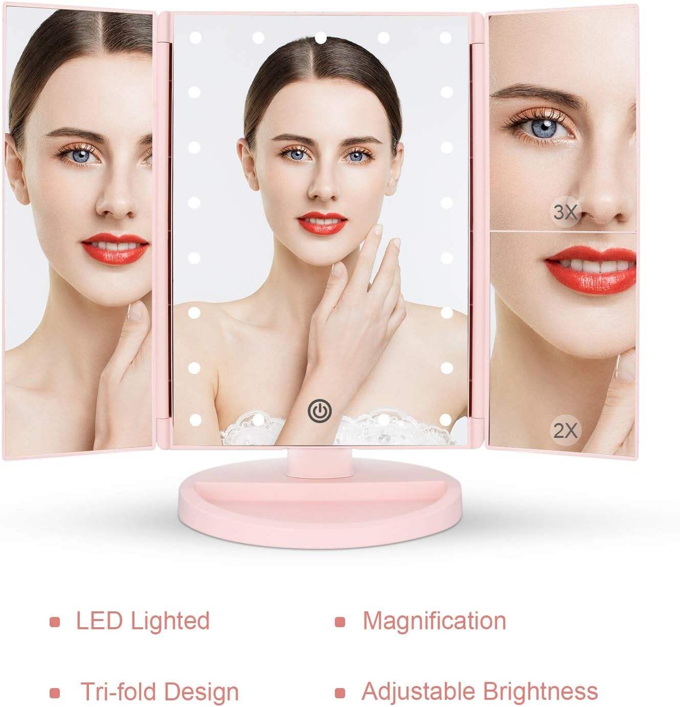 deweisn Tabletop Mount Trifold Lighted Vanity Mirror with 21 LED Lights, Touch Screen and 3X/2X/1X Magnification, Two Power Supply Mode Make up Mirror,Travel Mirror