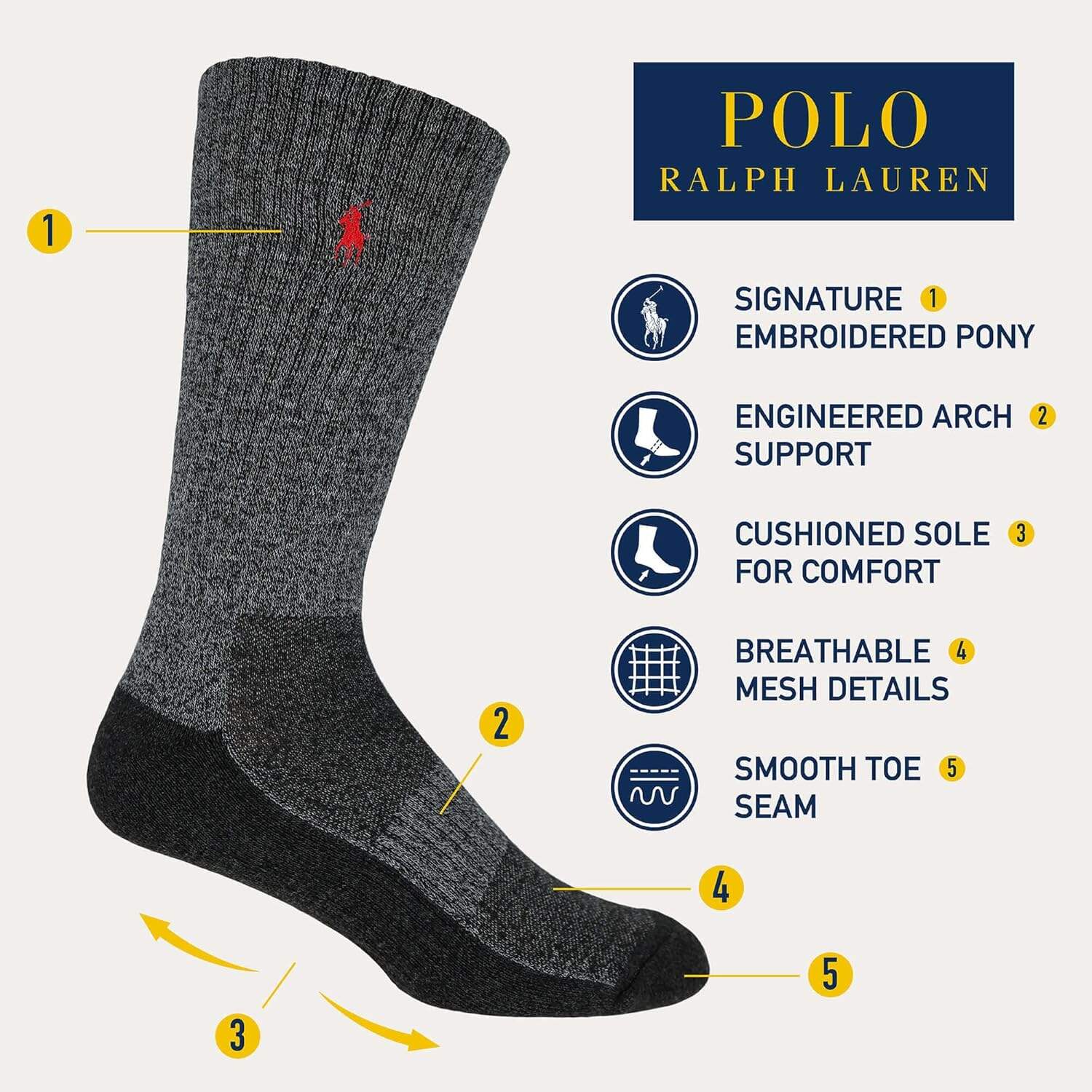 POLO RALPH LAUREN Men's Classic Sport Marled Socks-6 Pair Pack-Breathable Mesh and Arch Support