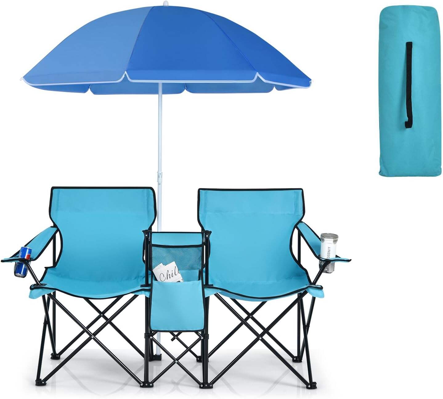 Double Camping Chair, 2-Person Portable Beach Chair w/Removable Umbrella, Cup Holders & Carrying Bag, Folding Loveseat Chairs for Adults Outdoor Picnic (Blue)