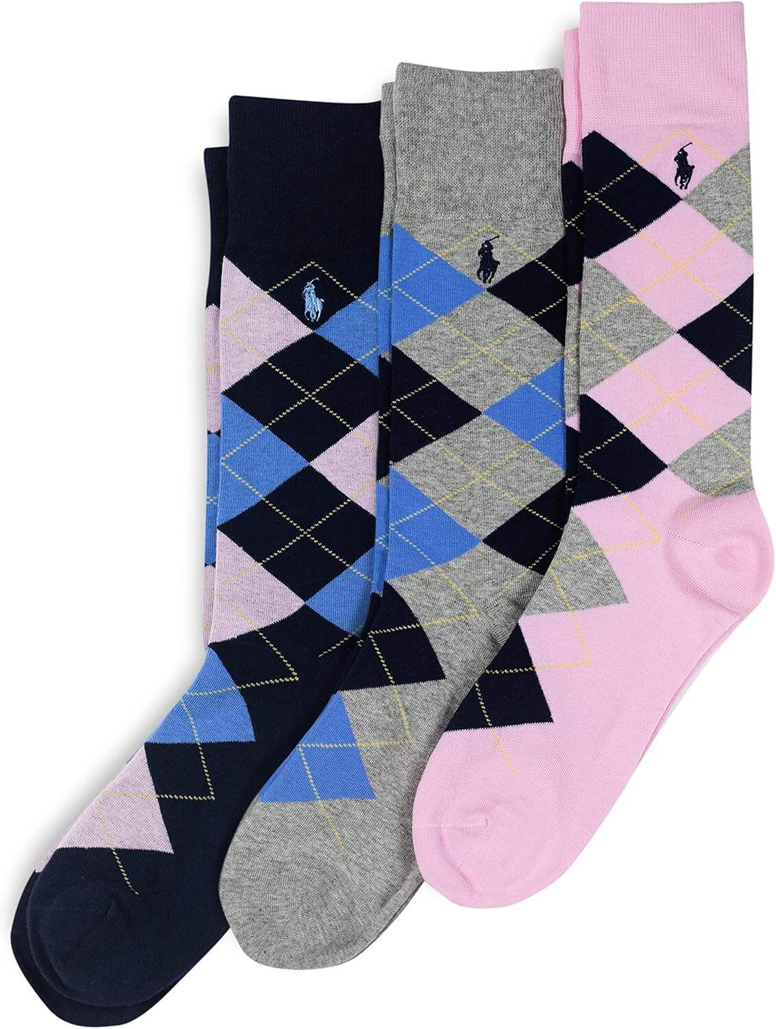 Polo Ralph Lauren Men's Argyle Pattern Dress Crew Socks - 3 Pair Pack - Soft Lightweight Cotton Comfort