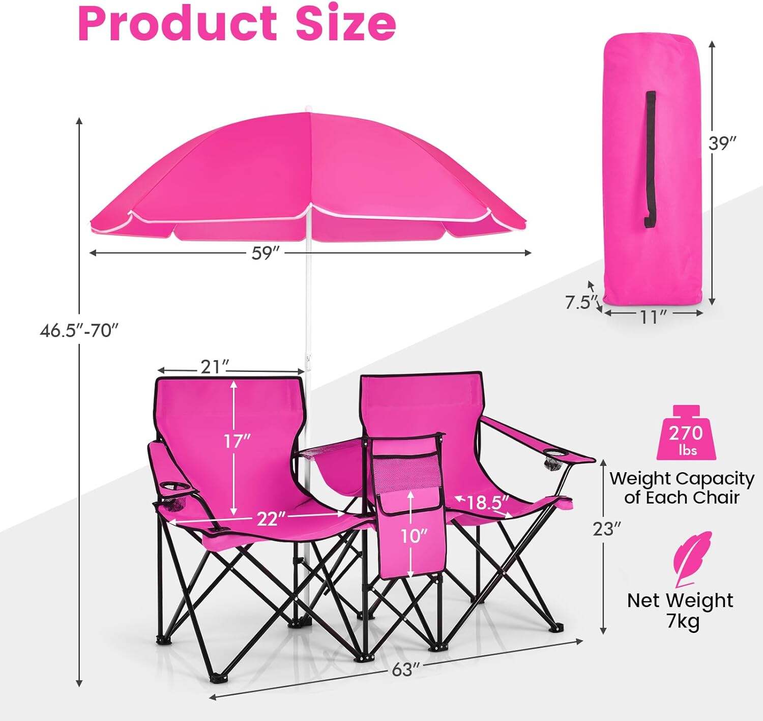 Double Camping Chair, 2-Person Portable Beach Chair w/Removable Umbrella, Cup Holders & Carrying Bag, Folding Loveseat Chairs for Adults Outdoor Picnic (Blue)