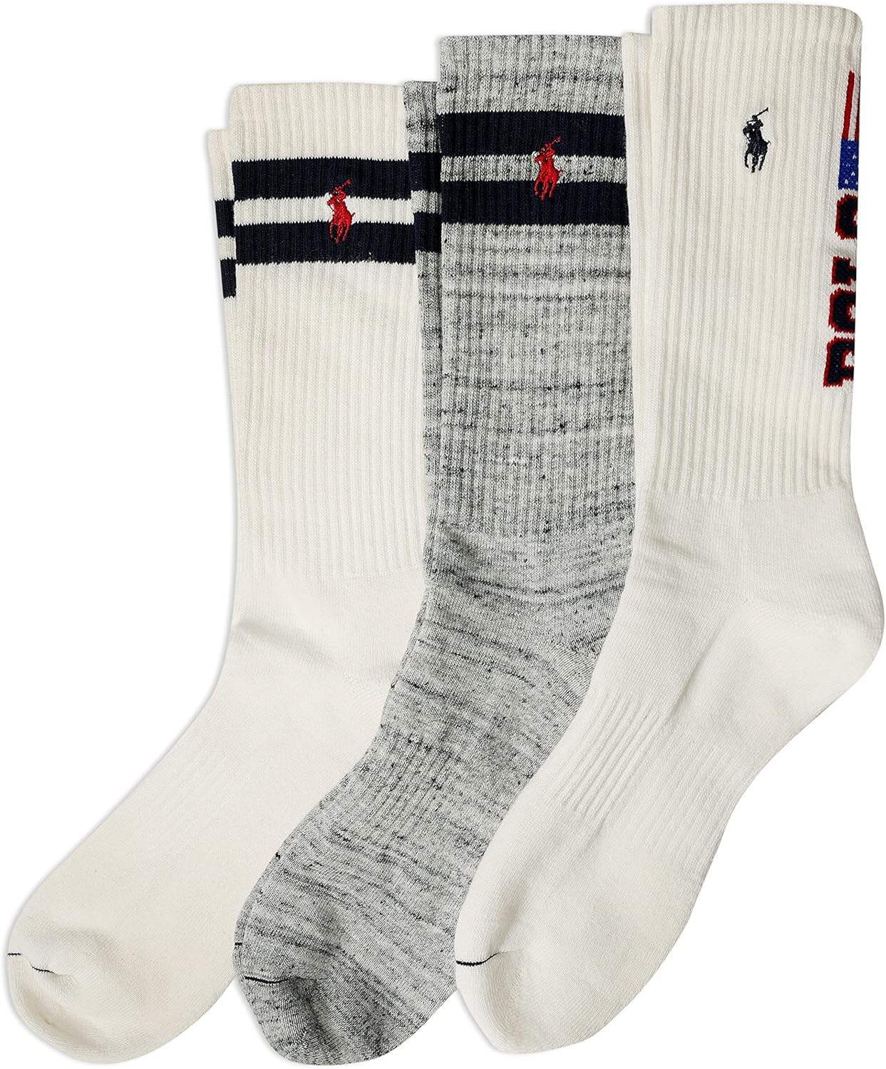 POLO RALPH LAUREN Men's Classic Sport Americana Crew Socks - 3 Pair Pack - Arch Support and Cushioned Cotton Comfort