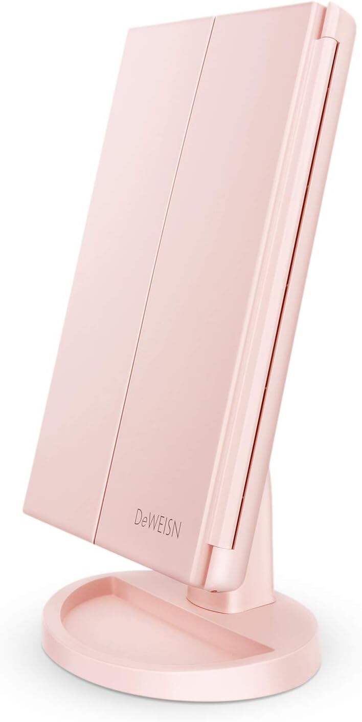 deweisn Tabletop Mount Trifold Lighted Vanity Mirror with 21 LED Lights, Touch Screen and 3X/2X/1X Magnification, Two Power Supply Mode Make up Mirror,Travel Mirror
