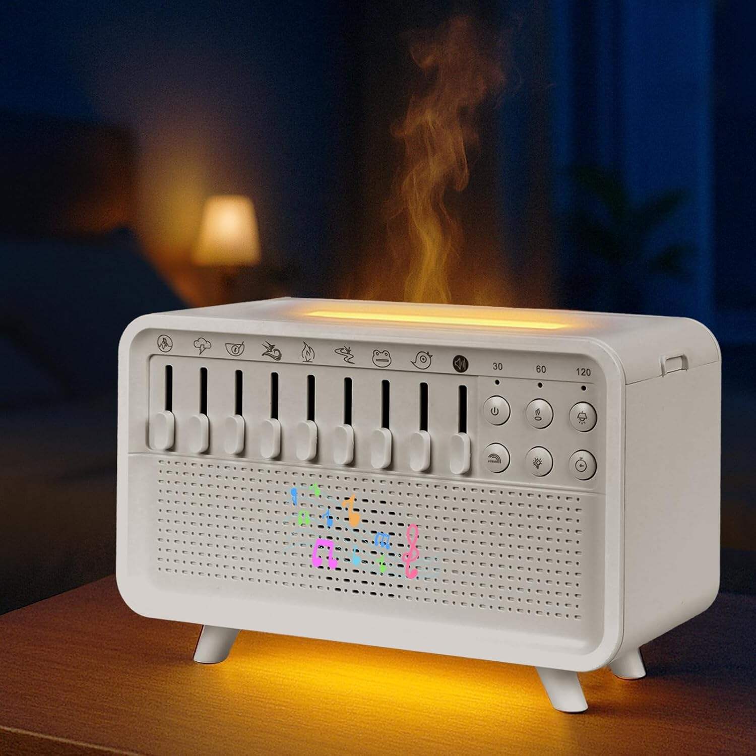 White Noise Sound Machine Humidifier – 8 Nature Sounds, Timer, Auto-Off, Bluetooth Speaker, Flame Light & Aroma Diffuser for Sleep, Meditation & Yoga