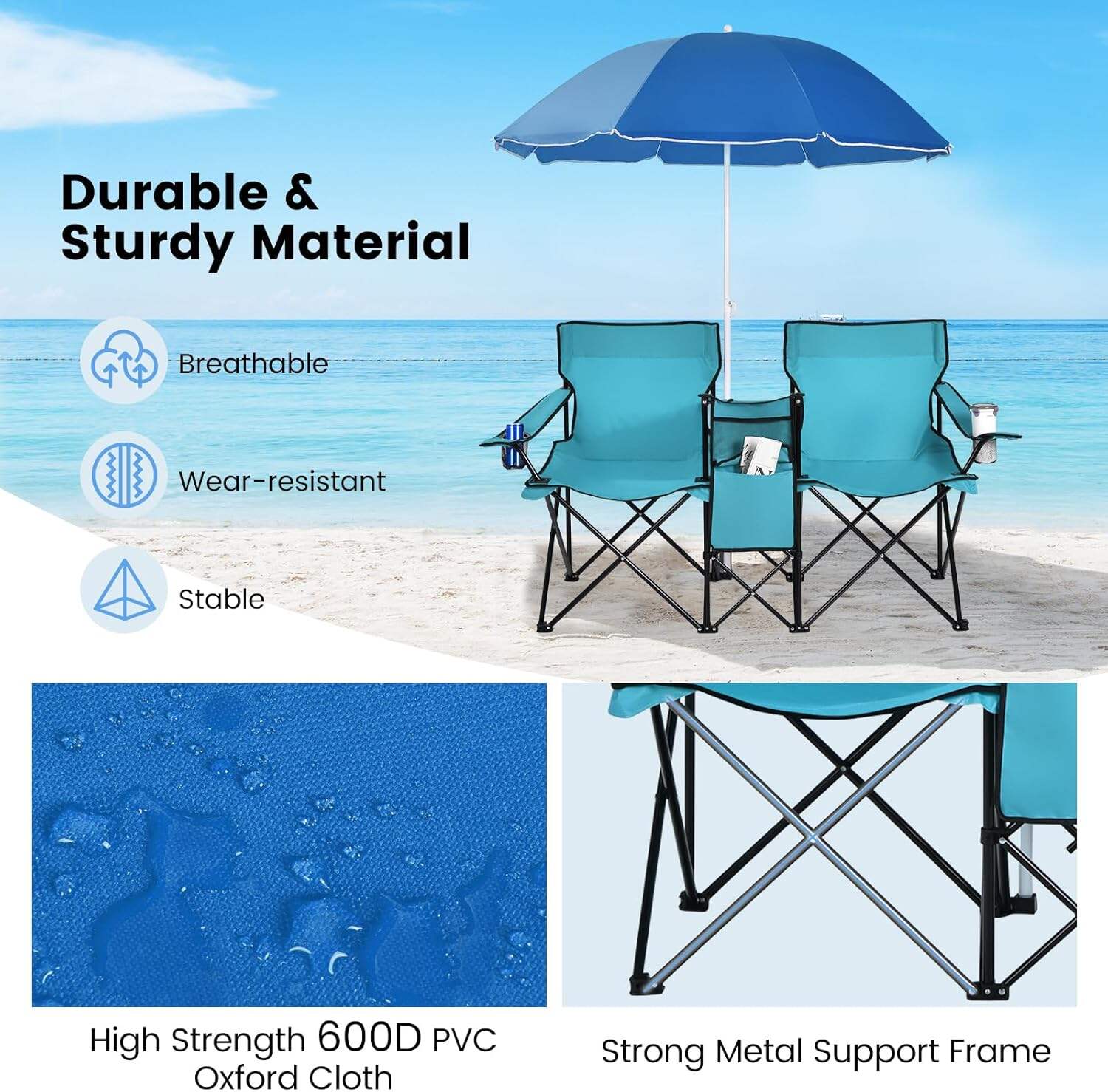 Double Camping Chair, 2-Person Portable Beach Chair w/Removable Umbrella, Cup Holders & Carrying Bag, Folding Loveseat Chairs for Adults Outdoor Picnic (Blue)