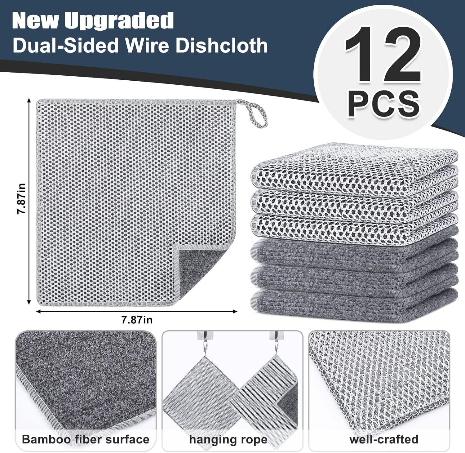 Navona 12 Pcs New Upgrade Steel Wire Dishcloth,Triple-Layer Steel Wire Cleaning Cloth,Powerful Cleaning Non-Scratch Wire Dishcloth Rag for Cookware, Sinks, Dishes, Stove Tops