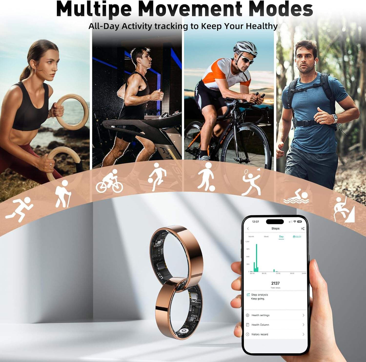 Smart Ring with Sleep Monitoring, Step Counting, Heart Rate, Blood Oxygen, Blood Pressure for iPhone and Android, No Subscription Fee, IP68 Waterproof Health Tracker (Rose Gold, 7)