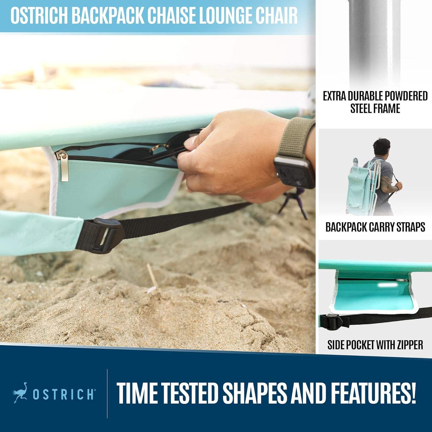 Ostrich Ladies Comfort Lounger, Foldable Beach Camping Pool Tanning Chair, Aqua