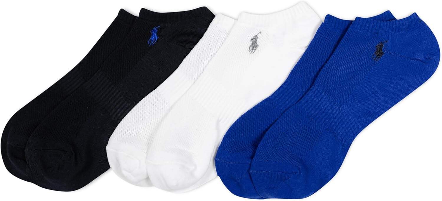 POLO RALPH LAUREN Men's Atheltic Performance Tech Low Cut Socks - 3 Pair Pack - Moisture Wicking Mesh
