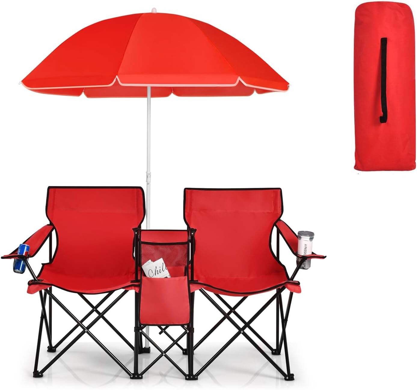 Double Camping Chair, 2-Person Portable Beach Chair w/Removable Umbrella, Cup Holders & Carrying Bag, Folding Loveseat Chairs for Adults Outdoor Picnic (Blue)