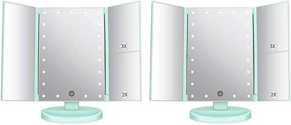 deweisn Tabletop Mount Trifold Lighted Vanity Mirror with 21 LED Lights, Touch Screen and 3X/2X/1X Magnification, Two Power Supply Mode Make up Mirror,Travel Mirror