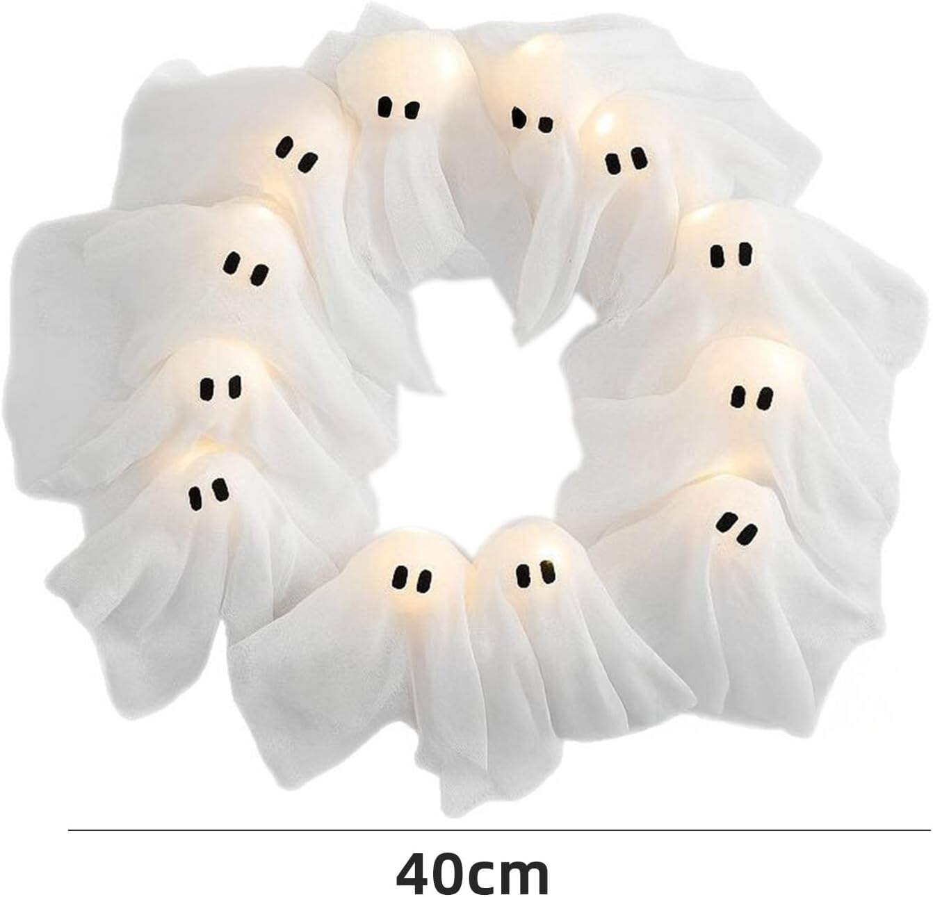 Halloween Ghost Wreath, 12 LED Light-Up White Ghost Garland, Spooky Indoor & Outdoor Hanging Decoration for Front Door, Wall, Party, Battery-Powered Halloween Decor, Holiday Spooky Garland A