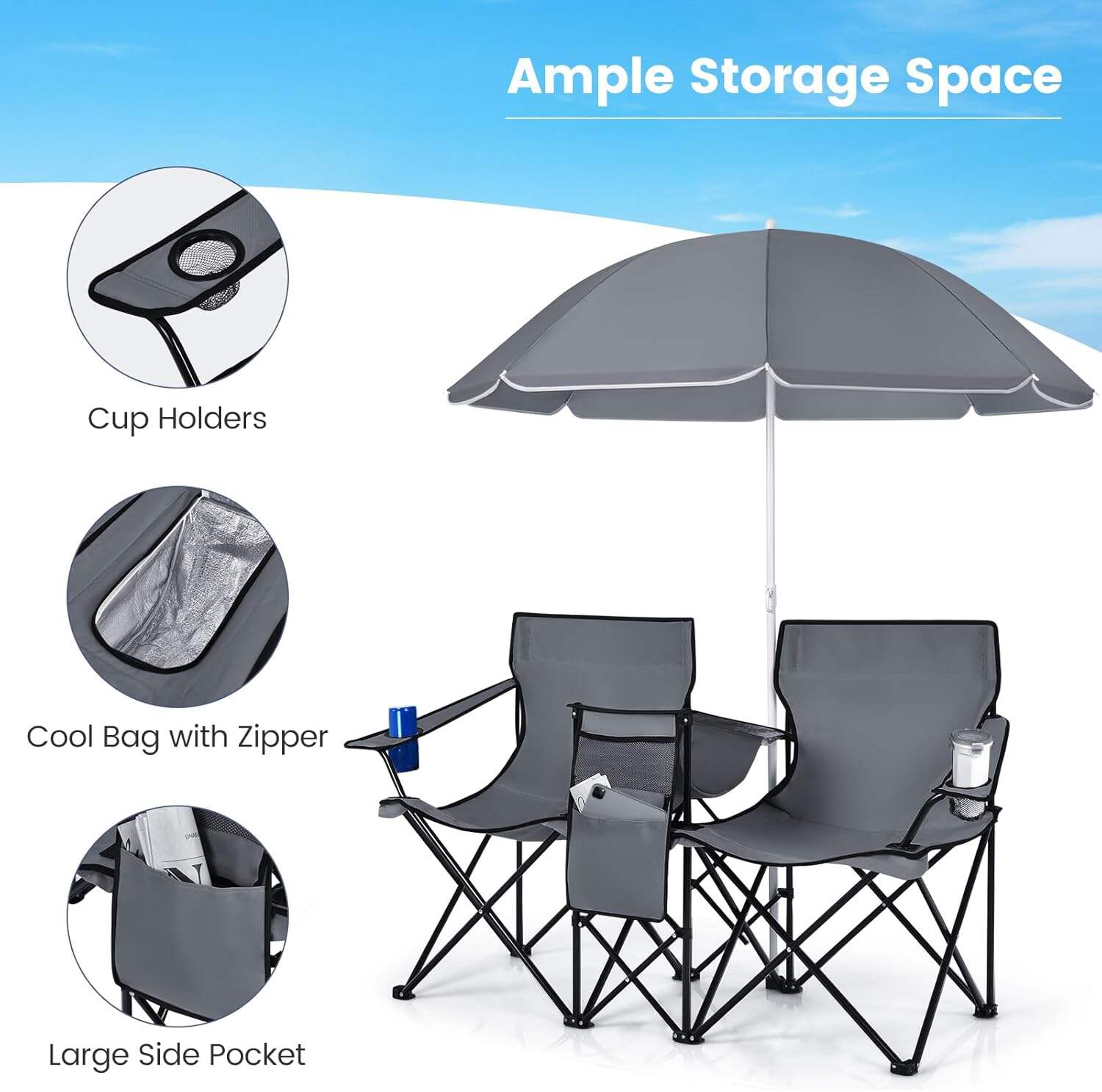 Double Camping Chair, 2-Person Portable Beach Chair w/Removable Umbrella, Cup Holders & Carrying Bag, Folding Loveseat Chairs for Adults Outdoor Picnic (Blue)