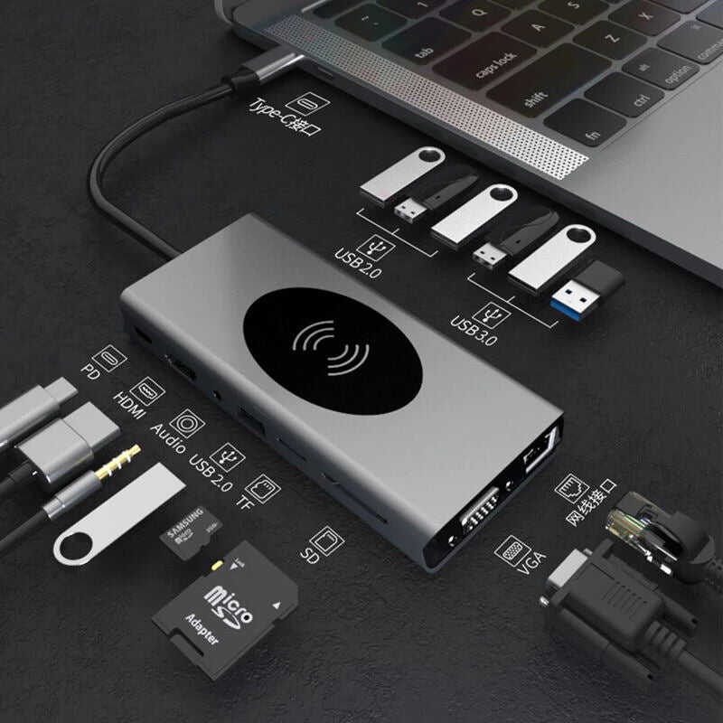 15in1 USB C HUB Type C to USB 3.0 HUB RJ45 VGA HDMI-compatible for MacBook Pro 100W PD Dock Type C HUB wireless Charge