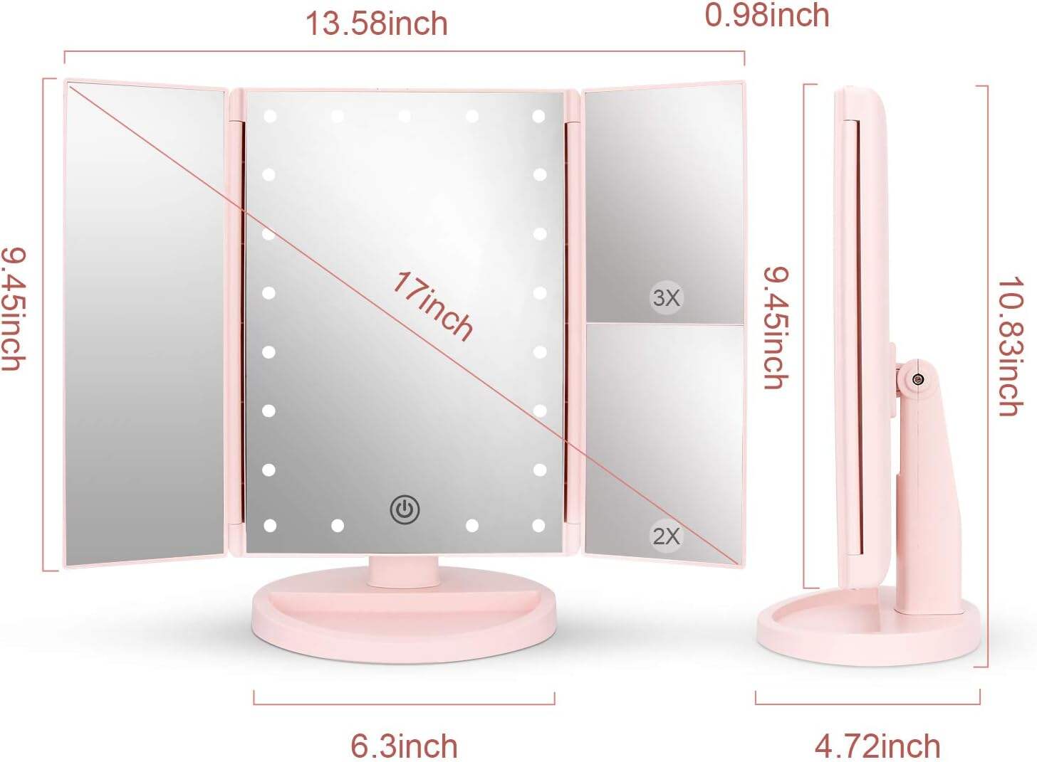 deweisn Tabletop Mount Trifold Lighted Vanity Mirror with 21 LED Lights, Touch Screen and 3X/2X/1X Magnification, Two Power Supply Mode Make up Mirror,Travel Mirror