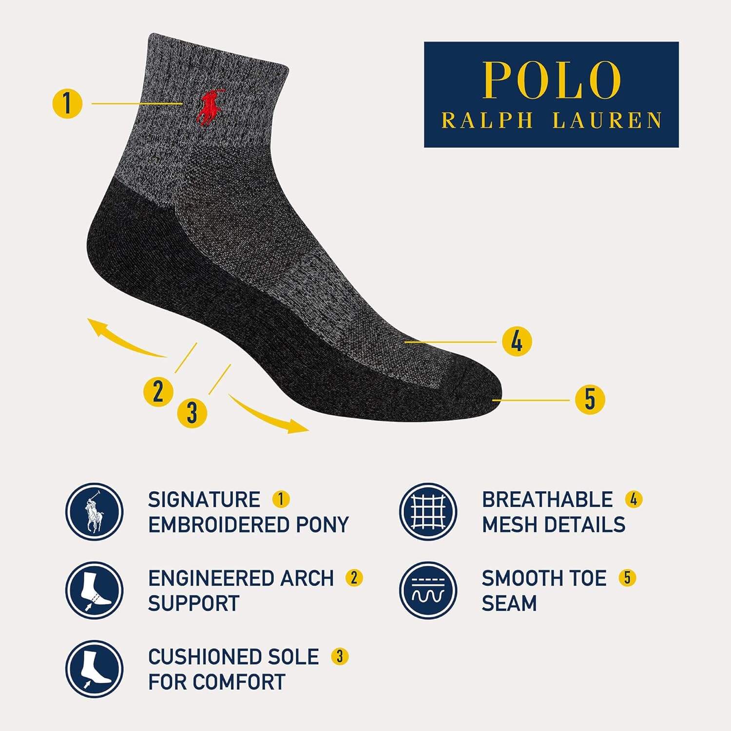 POLO RALPH LAUREN Men's Classic Sport Marled Socks-6 Pair Pack-Breathable Mesh and Arch Support