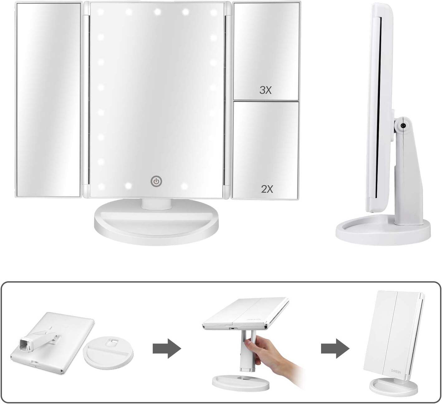 deweisn Tabletop Mount Trifold Lighted Vanity Mirror with 21 LED Lights, Touch Screen and 3X/2X/1X Magnification, Two Power Supply Mode Make up Mirror,Travel Mirror