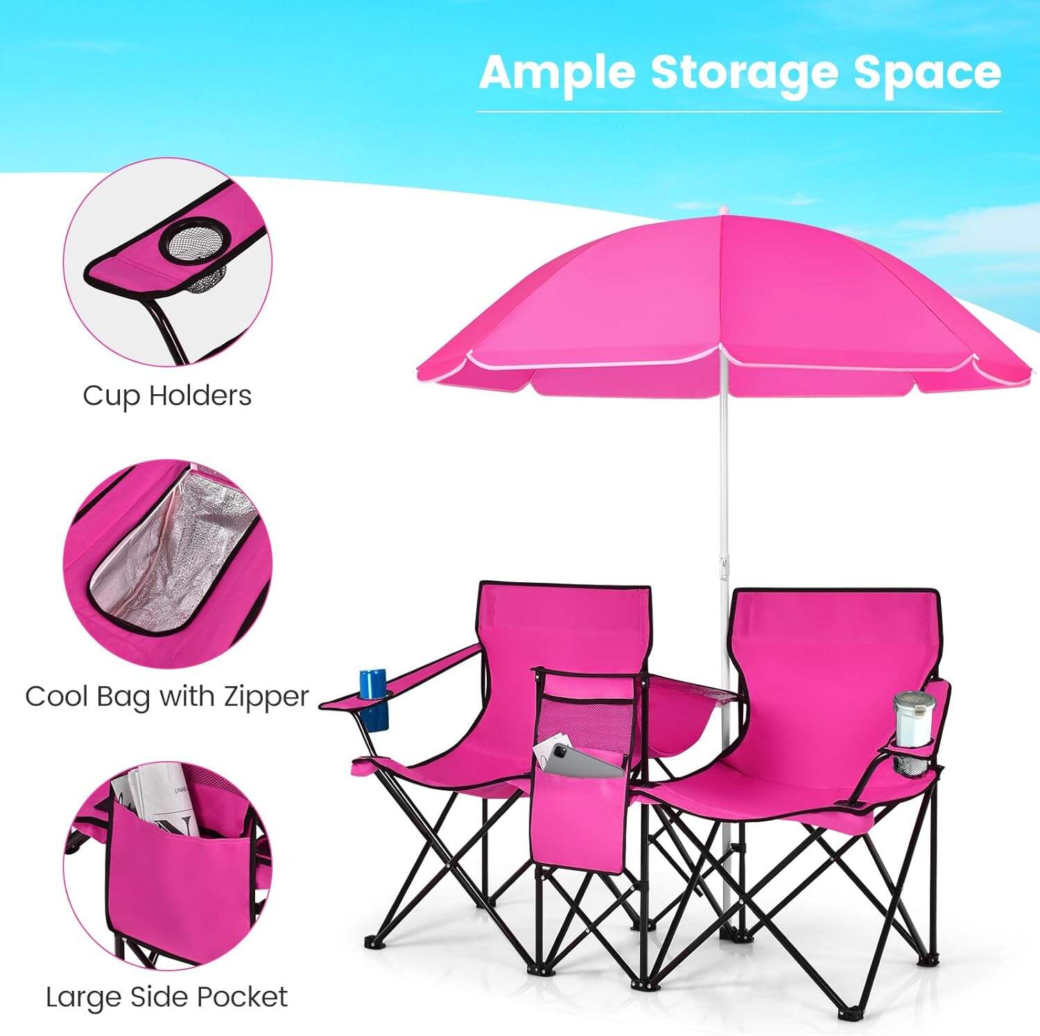 Double Camping Chair, 2-Person Portable Beach Chair w/Removable Umbrella, Cup Holders & Carrying Bag, Folding Loveseat Chairs for Adults Outdoor Picnic (Blue)