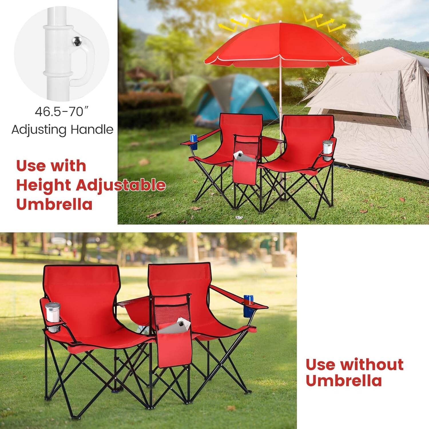 Double Camping Chair, 2-Person Portable Beach Chair w/Removable Umbrella, Cup Holders & Carrying Bag, Folding Loveseat Chairs for Adults Outdoor Picnic (Blue)