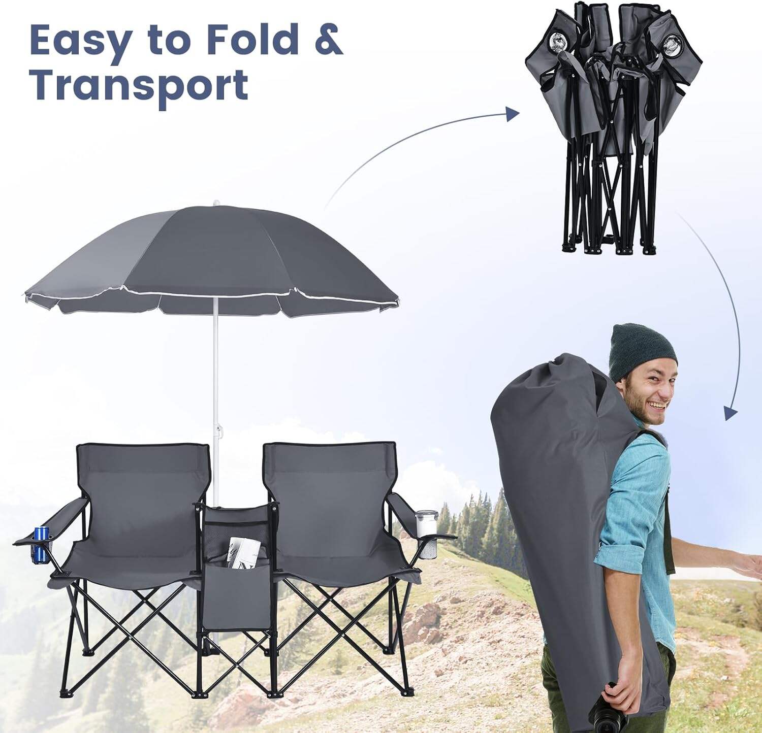 Double Camping Chair, 2-Person Portable Beach Chair w/Removable Umbrella, Cup Holders & Carrying Bag, Folding Loveseat Chairs for Adults Outdoor Picnic (Blue)