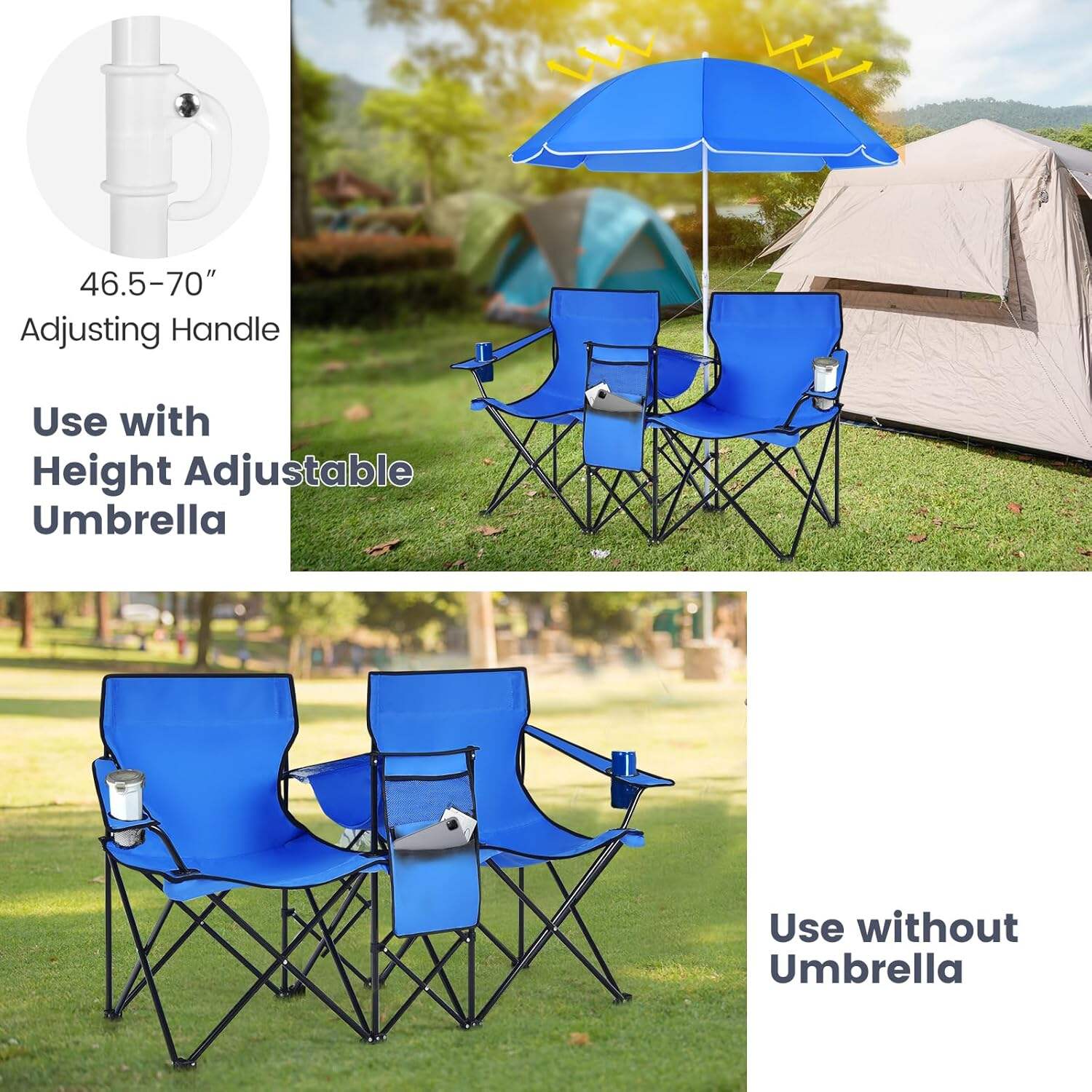 Double Camping Chair, 2-Person Portable Beach Chair w/Removable Umbrella, Cup Holders & Carrying Bag, Folding Loveseat Chairs for Adults Outdoor Picnic (Blue)