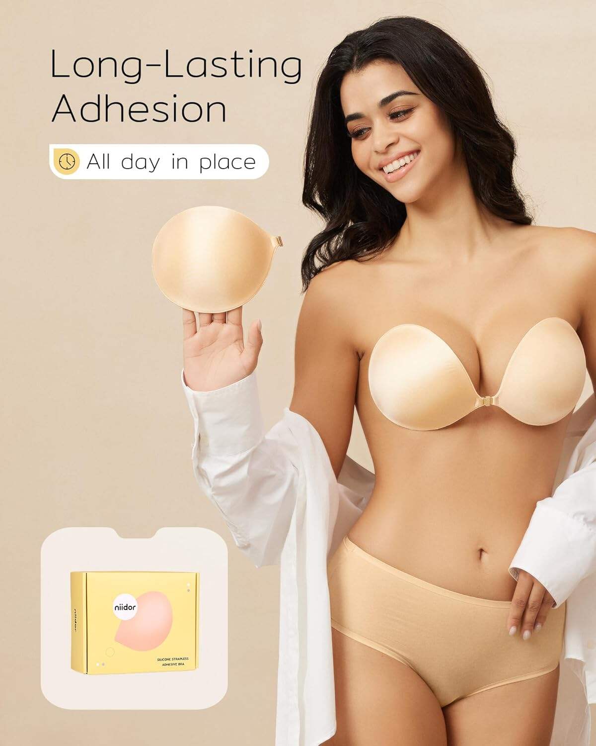 Niidor Adhesive Strapless Bra for Women Sticky Invisible Push up Silicone Bra for Backless Dress 2025 Upgraded Clasp Bras