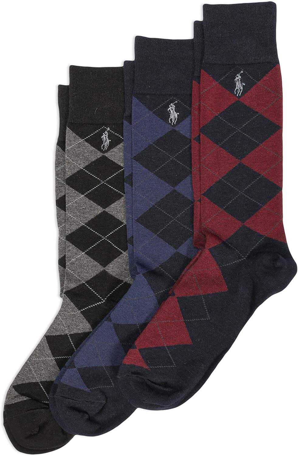 Polo Ralph Lauren Men's Argyle Pattern Dress Crew Socks - 3 Pair Pack - Soft Lightweight Cotton Comfort