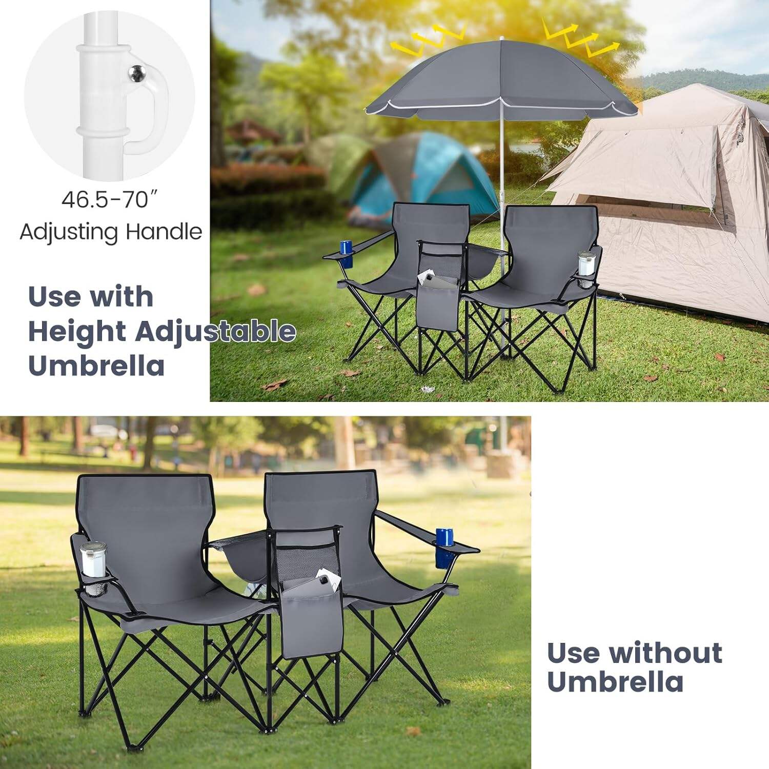 Double Camping Chair, 2-Person Portable Beach Chair w/Removable Umbrella, Cup Holders & Carrying Bag, Folding Loveseat Chairs for Adults Outdoor Picnic (Blue)