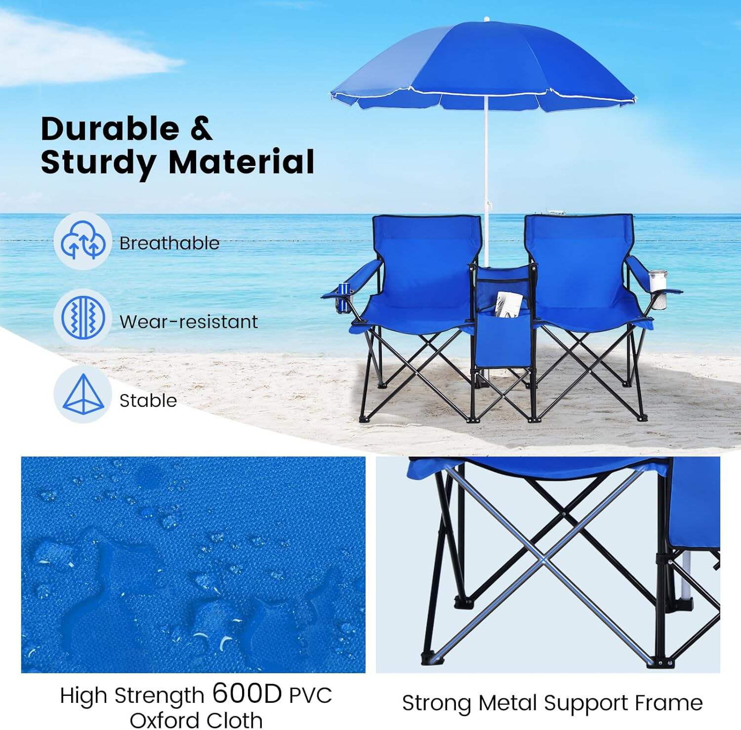 Double Camping Chair, 2-Person Portable Beach Chair w/Removable Umbrella, Cup Holders & Carrying Bag, Folding Loveseat Chairs for Adults Outdoor Picnic (Blue)