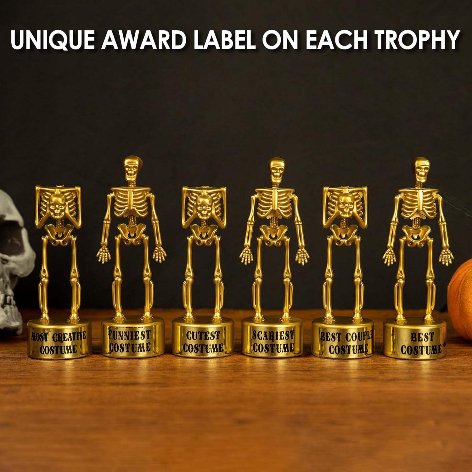 ORIENTAL CHERRY Halloween Party Supplies - Golden Best Costume Skeleton Trophies for Kids Adults Contest Awards Prizes - 4 Pack