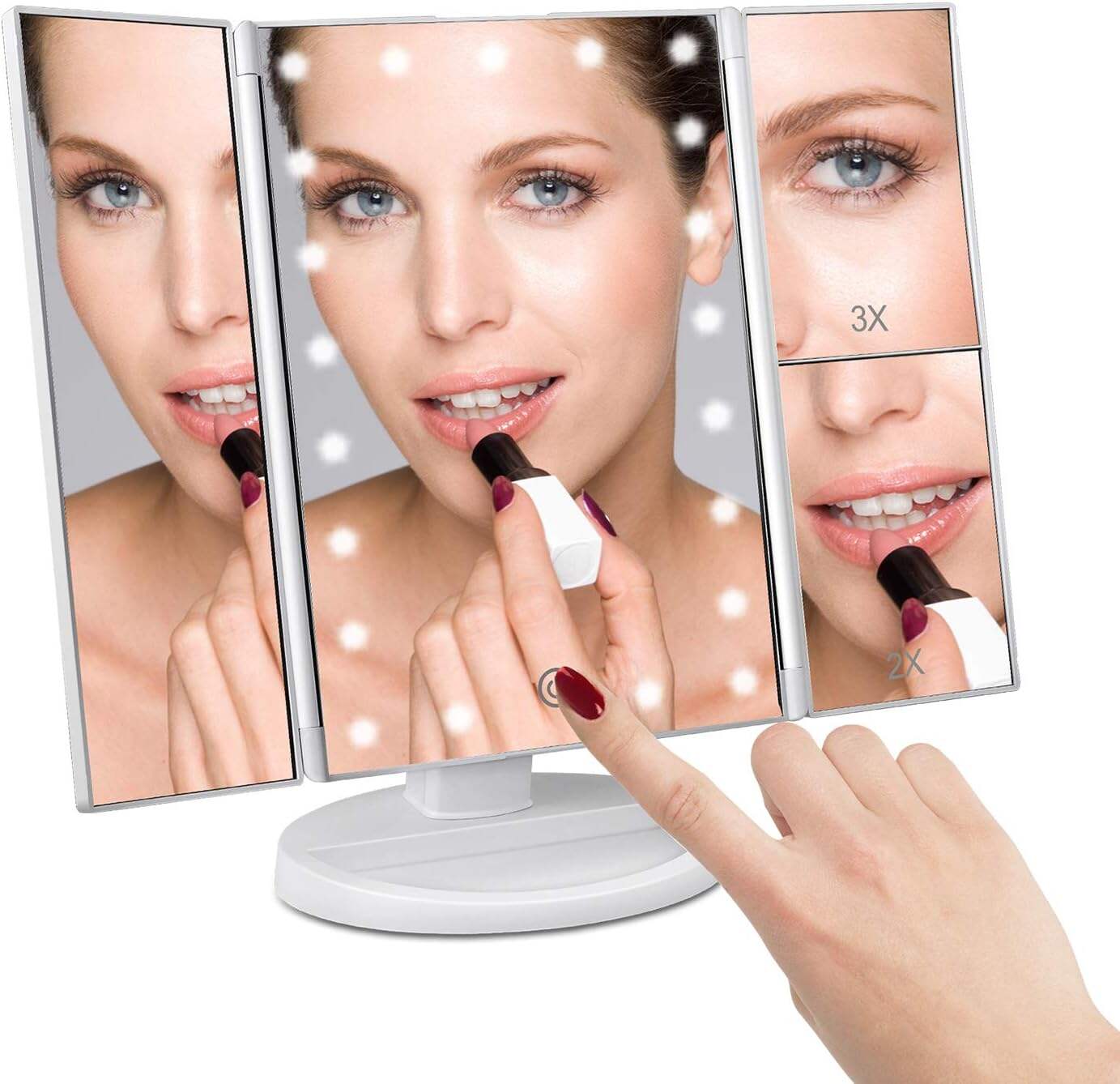 deweisn Tabletop Mount Trifold Lighted Vanity Mirror with 21 LED Lights, Touch Screen and 3X/2X/1X Magnification, Two Power Supply Mode Make up Mirror,Travel Mirror