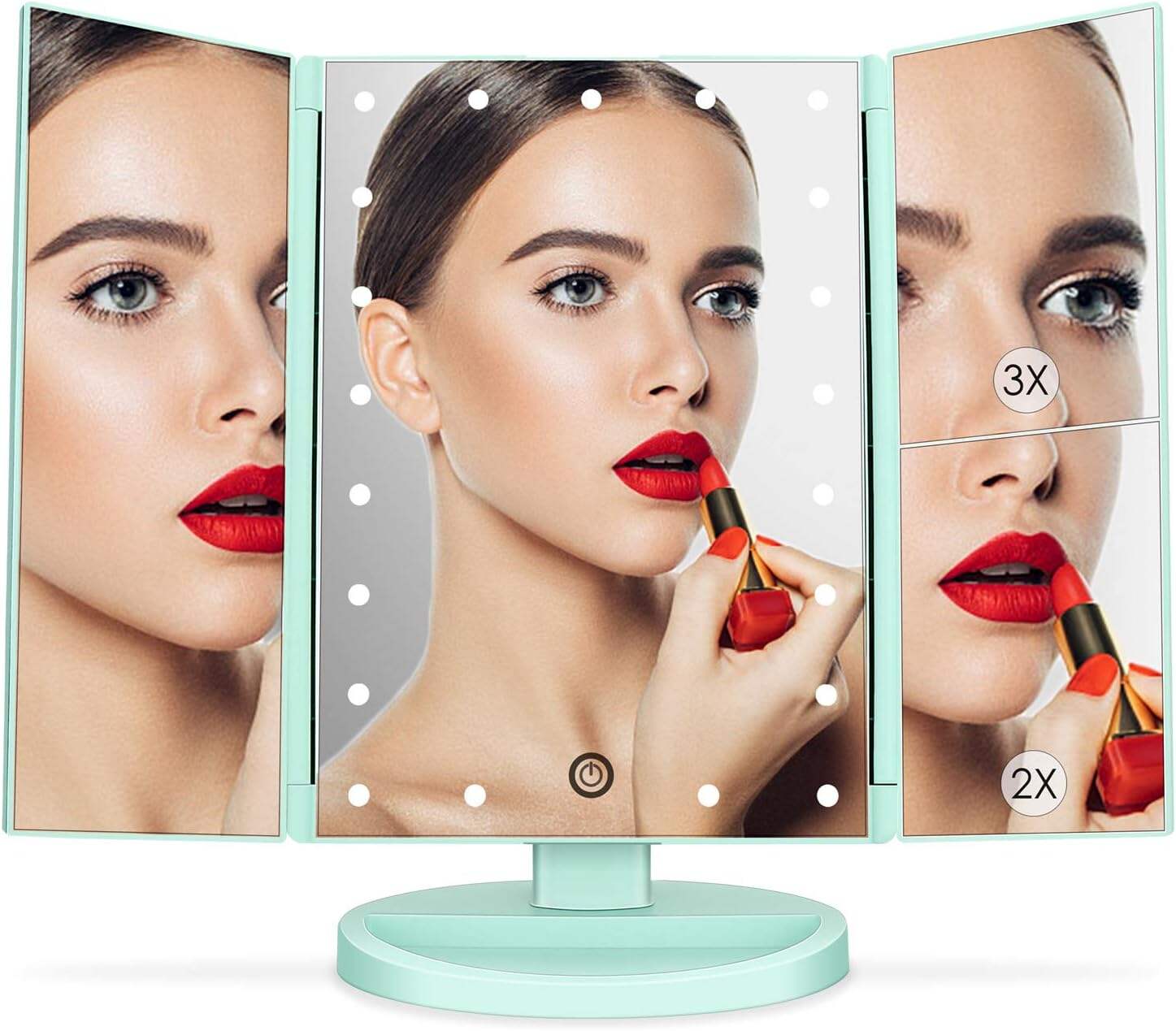 deweisn Tabletop Mount Trifold Lighted Vanity Mirror with 21 LED Lights, Touch Screen and 3X/2X/1X Magnification, Two Power Supply Mode Make up Mirror,Travel Mirror