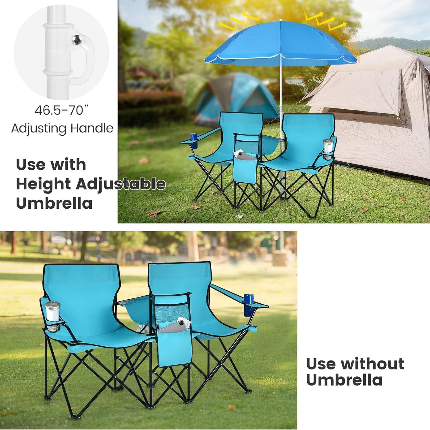Double Camping Chair, 2-Person Portable Beach Chair w/Removable Umbrella, Cup Holders & Carrying Bag, Folding Loveseat Chairs for Adults Outdoor Picnic (Blue)