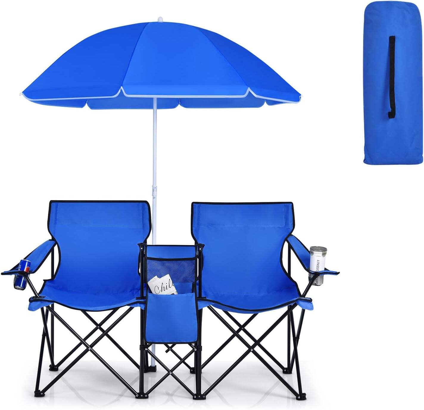 Double Camping Chair, 2-Person Portable Beach Chair w/Removable Umbrella, Cup Holders & Carrying Bag, Folding Loveseat Chairs for Adults Outdoor Picnic (Blue)