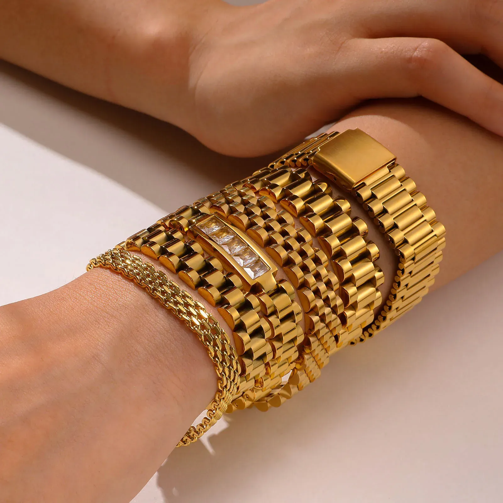 18K Gold Plated 316 Stainless Steel Watch Band Link Chain Wristband Fashion Jewelry Bracelet Women Men