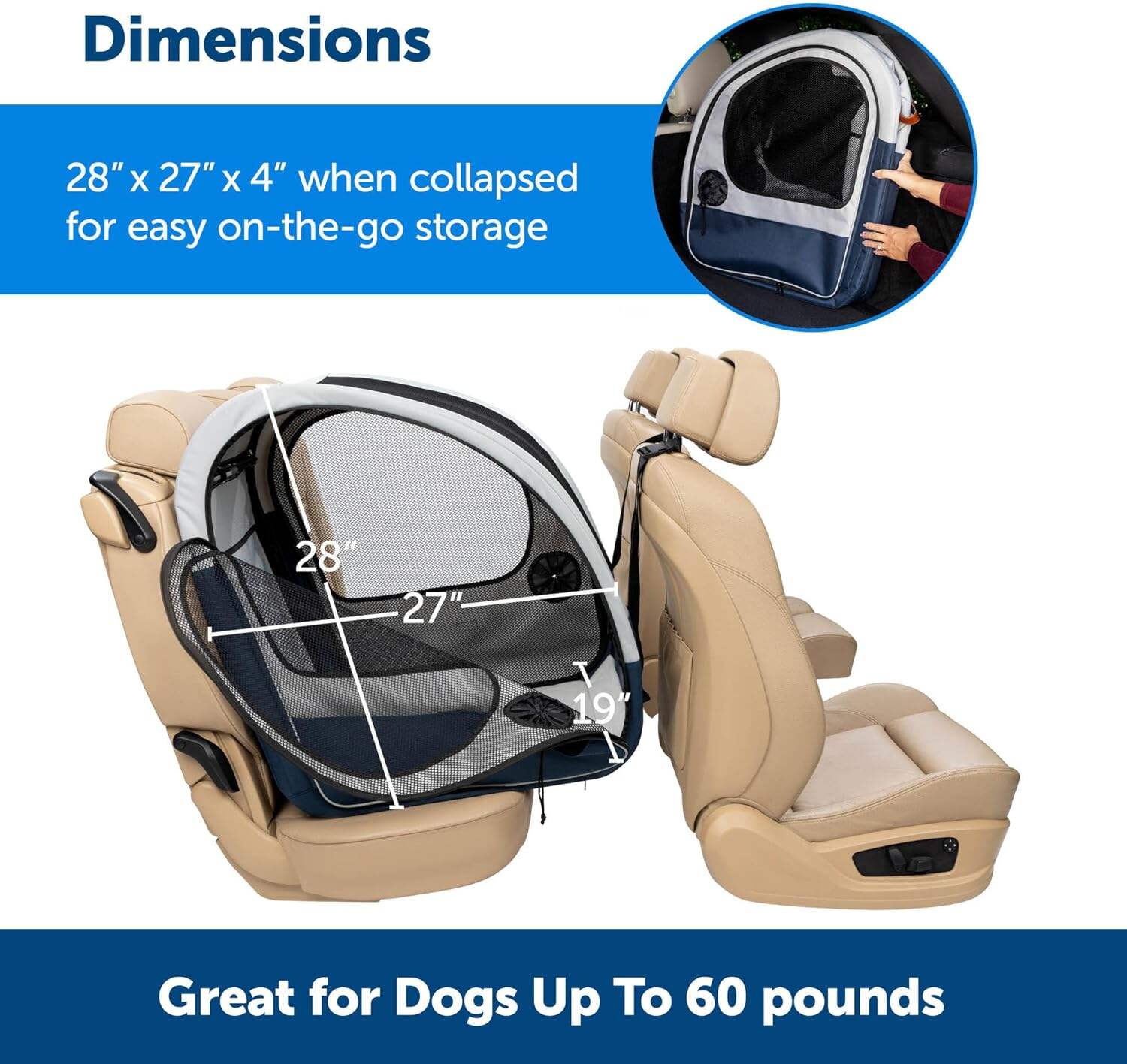 PetSafe Portable Pet Crate for Car, Aluminum Frame Dog Crate, Folds Down for Storage, Secures with Headrest Strap and Seatbelt, Pet Travel (Gray/Blue)