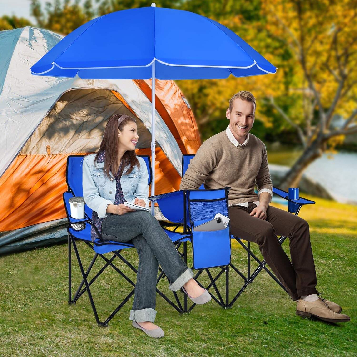 Double Camping Chair, 2-Person Portable Beach Chair w/Removable Umbrella, Cup Holders & Carrying Bag, Folding Loveseat Chairs for Adults Outdoor Picnic (Blue)