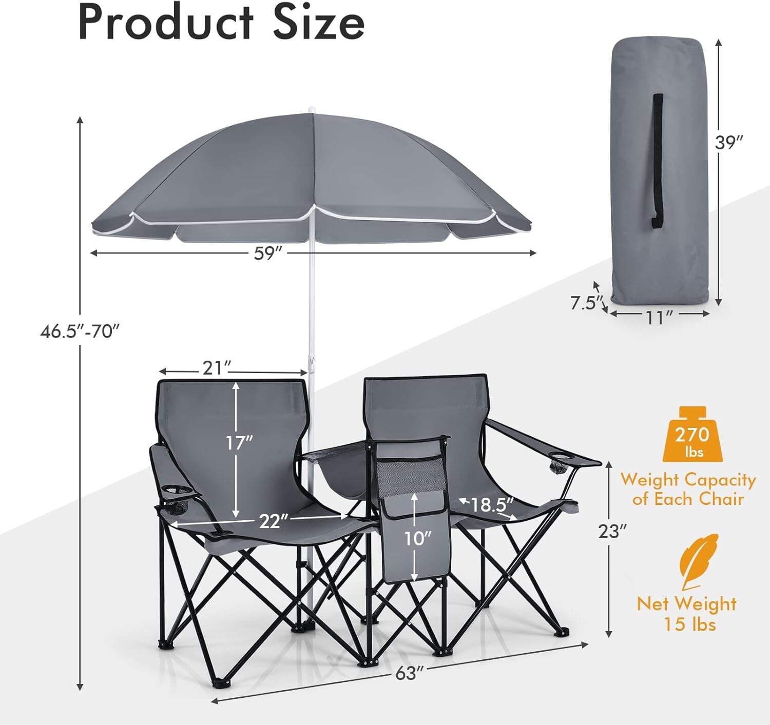 Double Camping Chair, 2-Person Portable Beach Chair w/Removable Umbrella, Cup Holders & Carrying Bag, Folding Loveseat Chairs for Adults Outdoor Picnic (Blue)