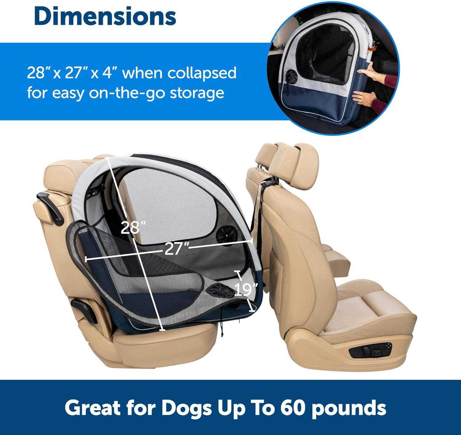 PetSafe Portable Pet Crate for Car, Aluminum Frame Dog Crate, Folds Down for Storage, Secures with Headrest Strap and Seatbelt, Pet Travel (Gray/Blue)