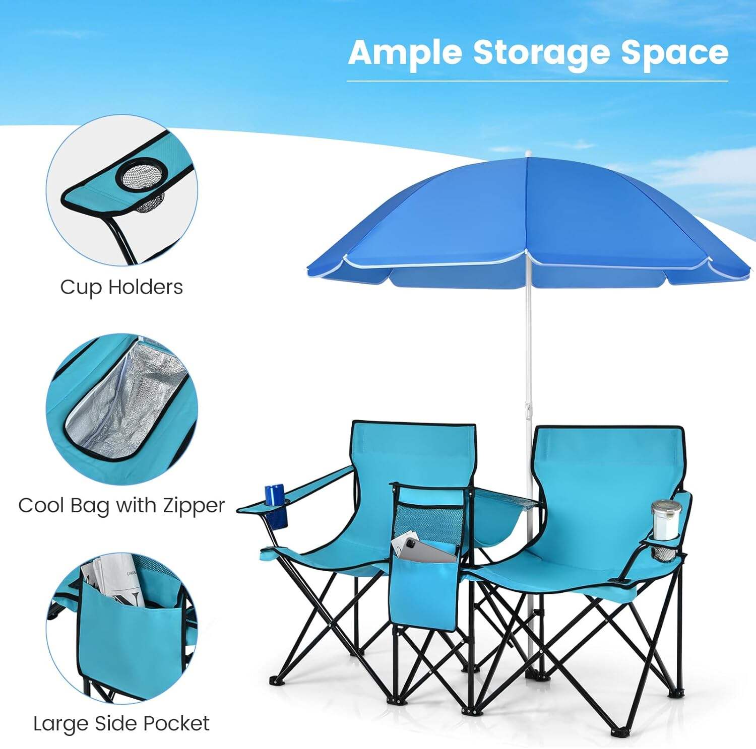 Double Camping Chair, 2-Person Portable Beach Chair w/Removable Umbrella, Cup Holders & Carrying Bag, Folding Loveseat Chairs for Adults Outdoor Picnic (Blue)