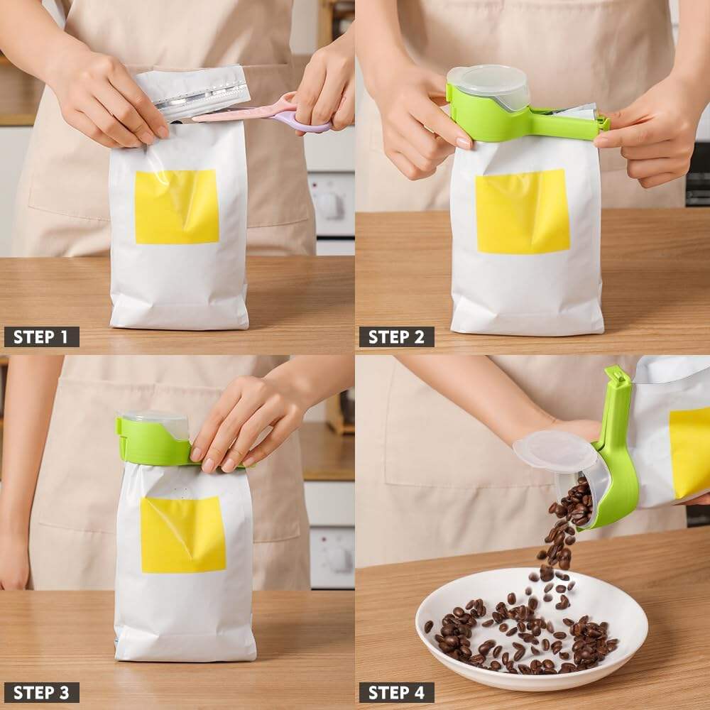 Food Clip Set with Pour Spout, 4PCS Seal and Pour Bag Clip with Spout for Food Snacks (Round)