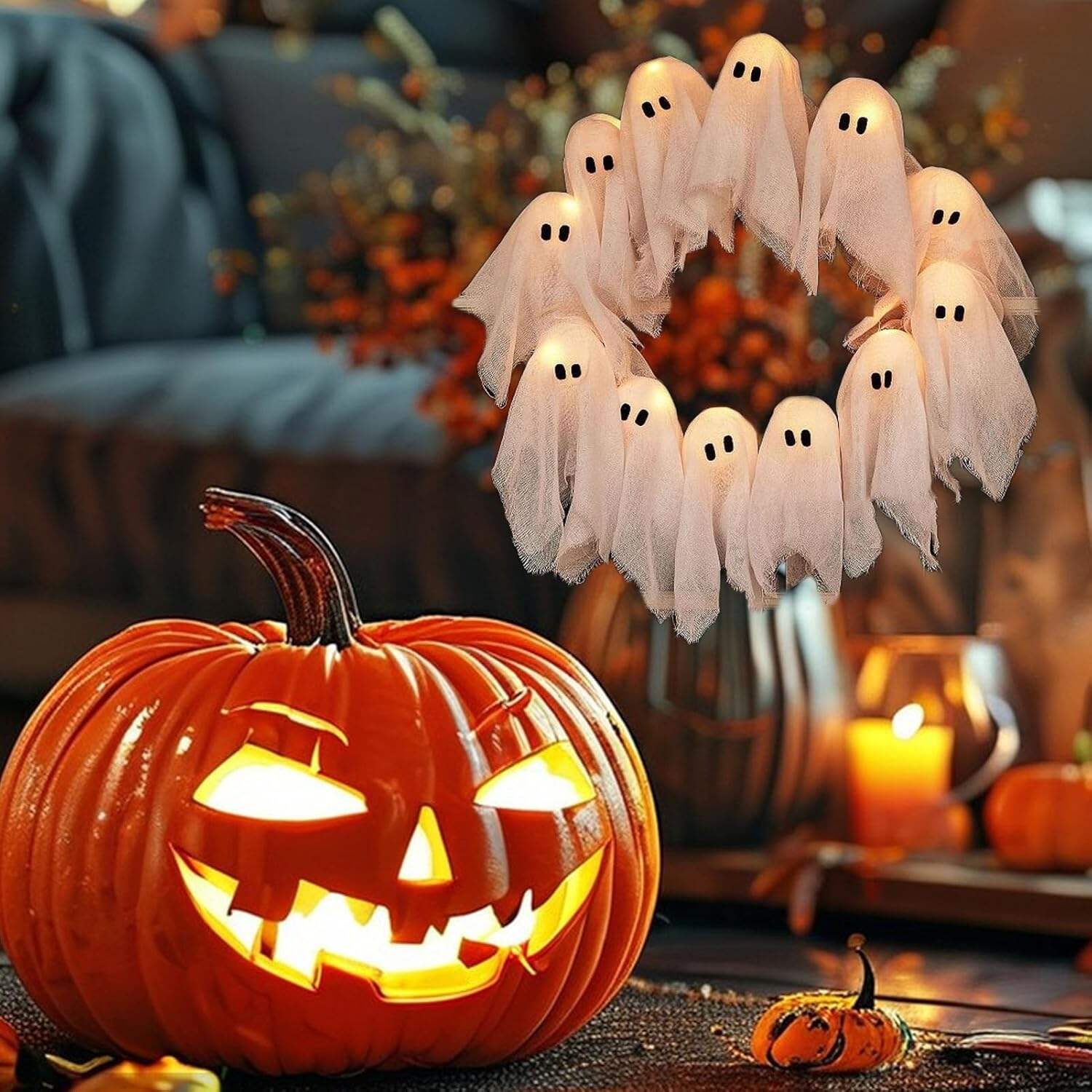 Halloween Ghost Wreath, 12 LED Light-Up White Ghost Garland, Spooky Indoor & Outdoor Hanging Decoration for Front Door, Wall, Party, Battery-Powered Halloween Decor, Holiday Spooky Garland A